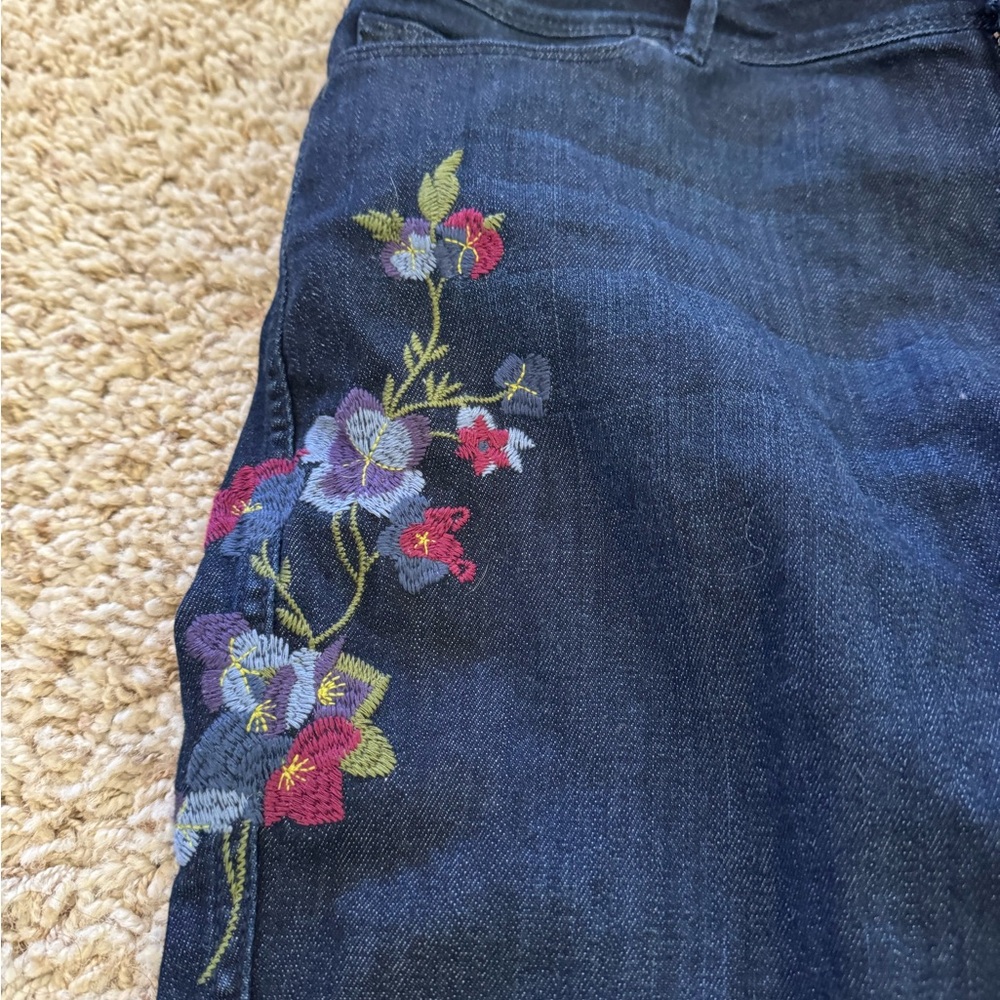 J. Jill Blue Authentic Fit Slim Ankle Jeans with Floral Embroidery